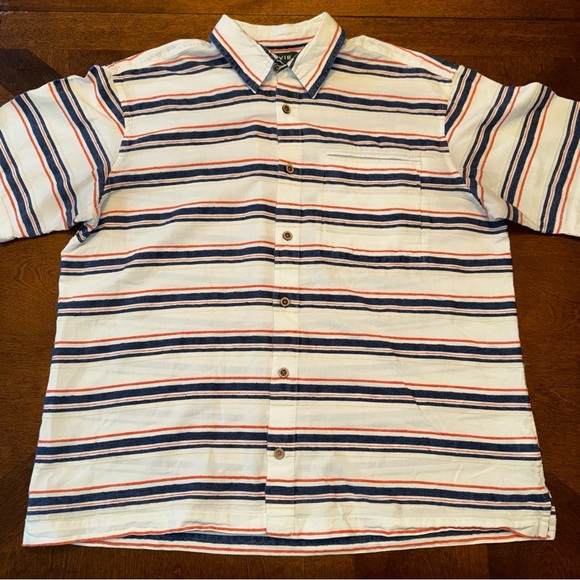ORVIS White Textured Blue Orange Striped Short Sleeve Button Up Shirt Mens L - Picture 1 of 11